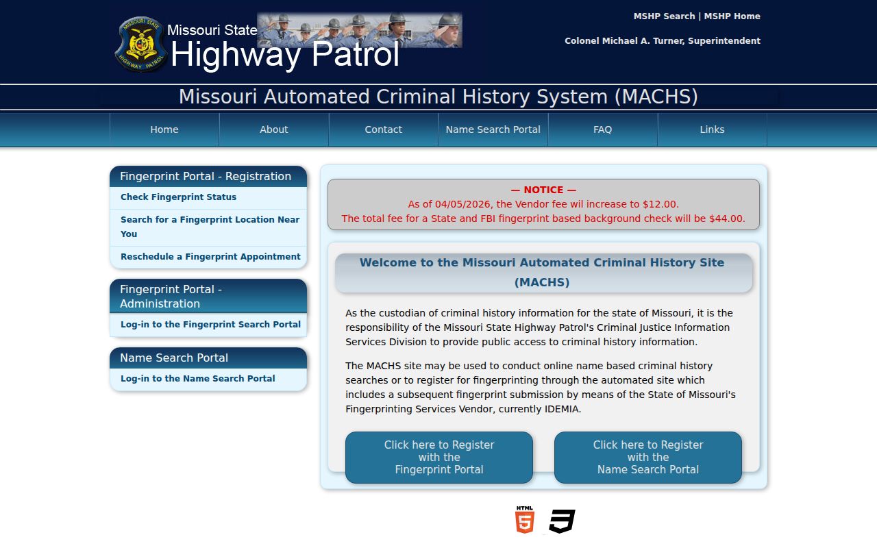 New Madrid County criminal history MACHS fingerprint registration