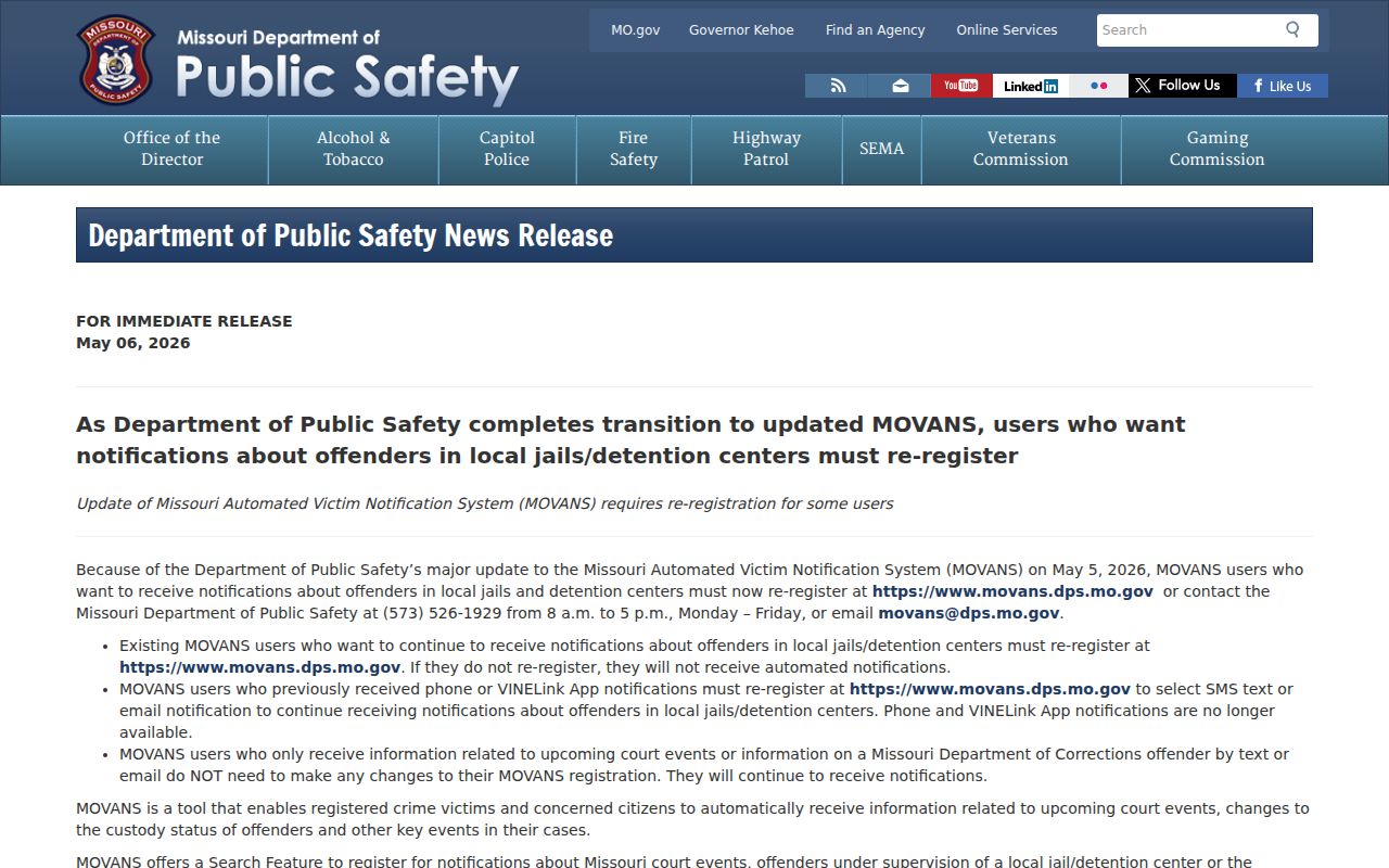 New Madrid County arrest custody notification transition
